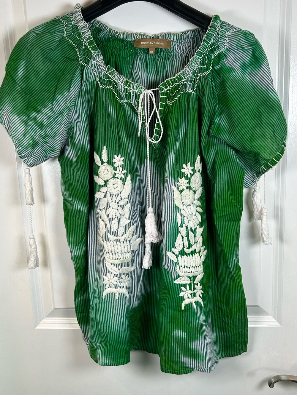 Rose and Rose Green Tye‎ Dye Embroidered Peasant Oversized Blouse XS